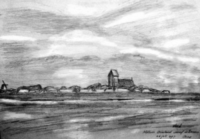 Een schets met potlood 6b in 1997 gemaakt tijdens het varen in de Brezem met zicht op Hollum - Ameland.